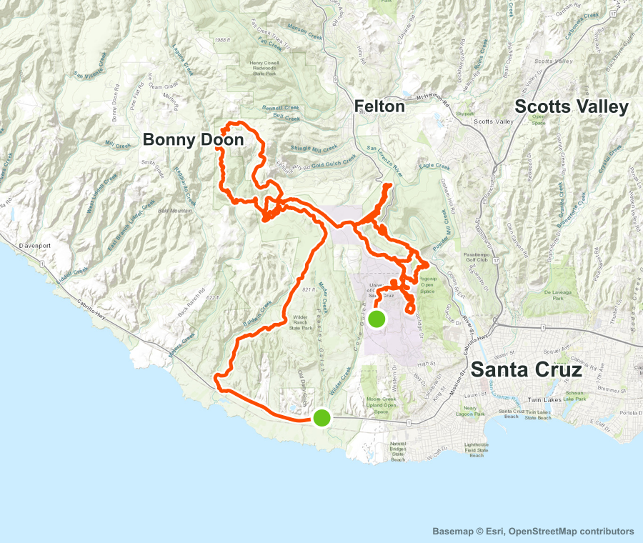 Detailed topo map showing the Painful Fun route through the Santa Cruz mountains near Santa Cruz, Felton, Scotts Valley, and Bonny Doon.