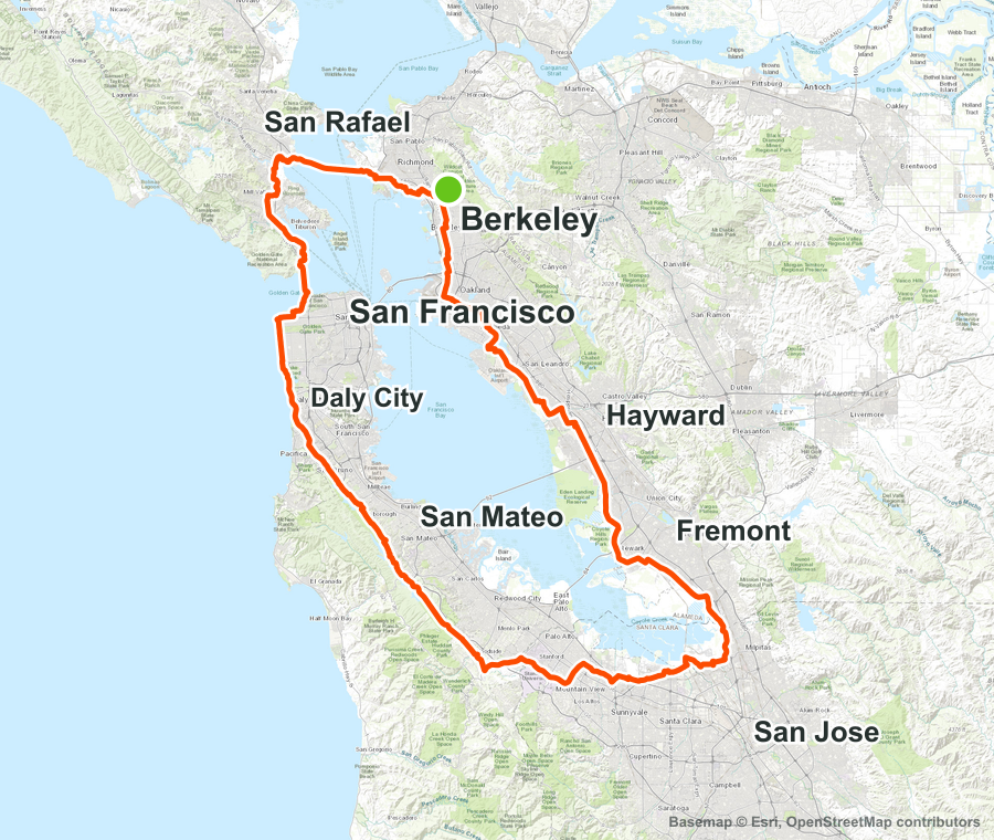 Detailed Bay Area map showing the Round the Bay route through Berkeley, San Rafael, San Francisco, San Mateo, Fremont, and Hayward.