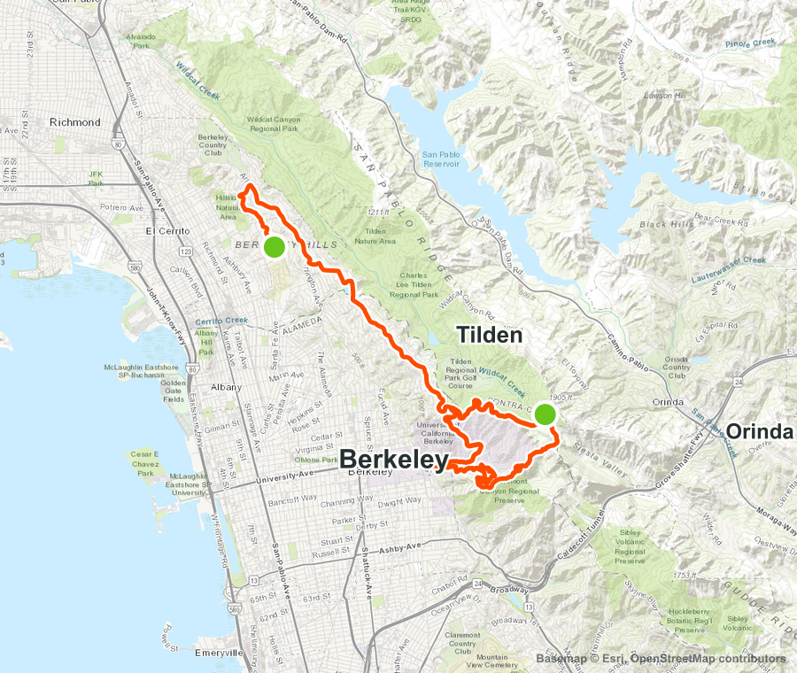 Detailed topo map showing the Triple Side O with Yoann route through the Berkeley Hills near Tilden, Berkeley, and Orinda.